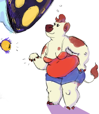 Cow showing Nova and Spiral their painted hooves. Cow is a cow furry who is white with red splotches and wearing denim shorts and a red top.