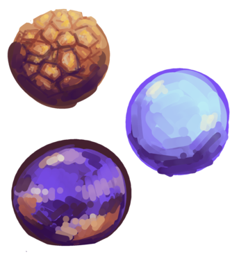 Three orbs, one with a rocky texture, another with a dull shine, the last one has an iridescent shine to it 