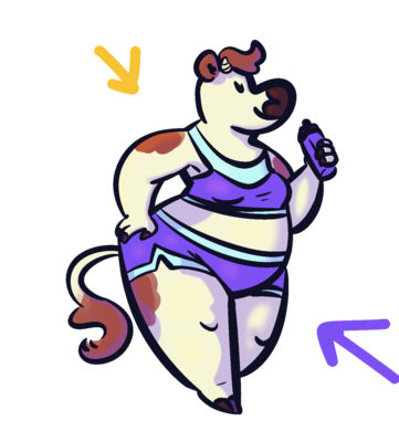 A cow furry with red splotches on their upper arms, their hair and ears are also red brown. They have the same splotches on their thighs. They are wearing a purple and blue sports outfit, it has shorts and a top showing their belly. They are holding a dark blue water bottle