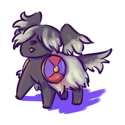 A small dog pokemon, it has round shields on each of its shoulders looks like a Skye terrier