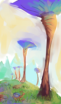 An alien planet with huge blue mushroom trees, a small crab alien scurrys in the foreground