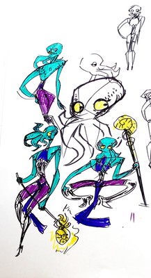 A teal ilithid—a humanoid with an octopus like head. He has a staff with an ammonite on and is wearing black, purple and dark blue clothes.