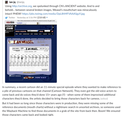 Screenshot of a story of how archive.org allowed some animators to regain assets from decades past as they worked to bring back a bunch of old Cartoon Network characters.