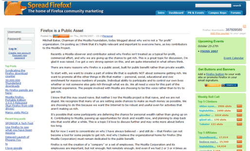 a screenshot of the old SpreadFirefox.com webpage, from August 2007