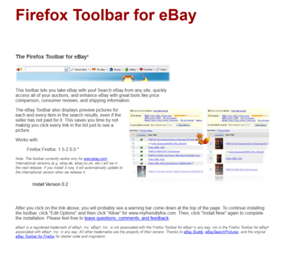 an archived screenshot of the Firefox Toolbar for eBay webpage, from August 2007