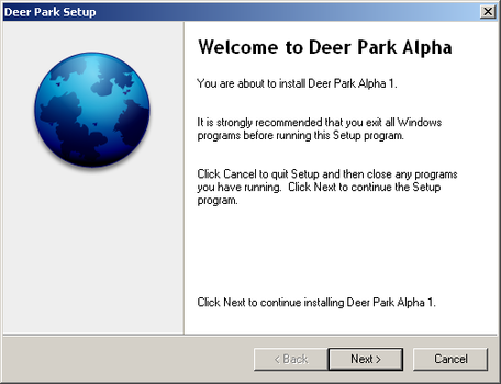 The installation screen for Deer Park. "You are about to install Deer Park Alpha 1."