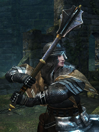 Screenshot of a cleric knight from Dark Souls showcasing the game's basic flanged mace