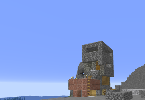 cobblestone tower by the coast in mine craft
