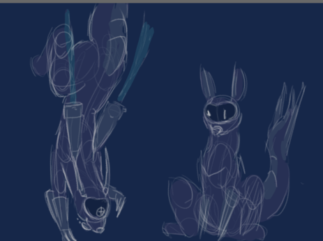 More drawings of the same creature- One stretched out and flying downards, the other sitting sort of like a dog.