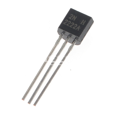 A 2N2222A transistor in a TO-92 package. It's small and cylindrical except for one flat face on its side, and has three metal leads sticking out the bottom.