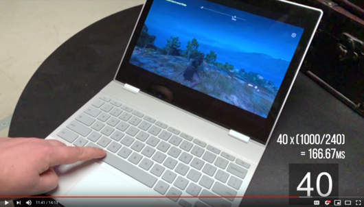 a screencap of Digital Foundry's analysis of Stadia showing a 166ms input delay in Assassin's Creed