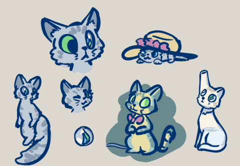 Stripy grey ghost cat with a marble for one eye, in their usual form and then possessing various cat things: a little cat figurine in a sunhat, a spooky cat lamp, and a cat bottle