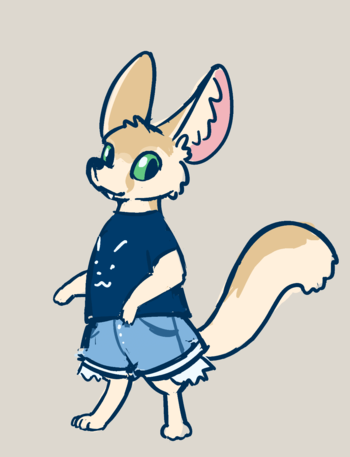 The same fennec but now they're wearing a mischievous cat face shirt and jorts