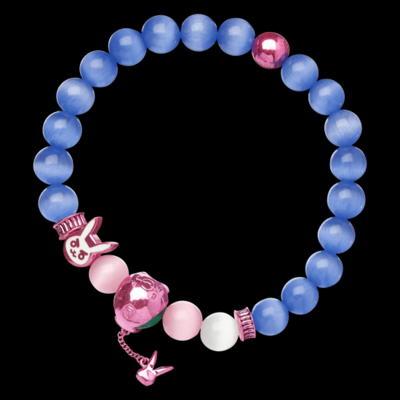 an armband with blue glass pearls with a few pink ones and one is the D.va bunny, and one is the mech