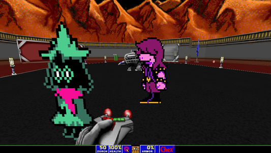 screenshot of the chex quest starting area. ralsei and susie from deltarune are there