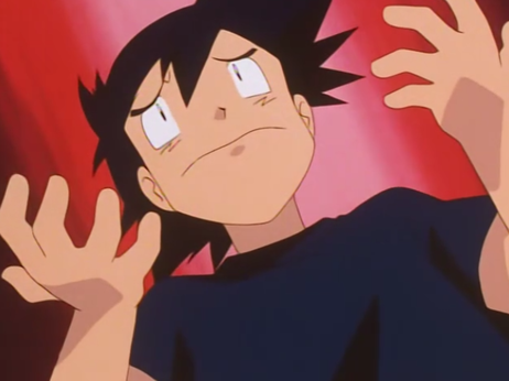 ash ketchum holding his hands up in a sort of 'what do' pose and looking upset