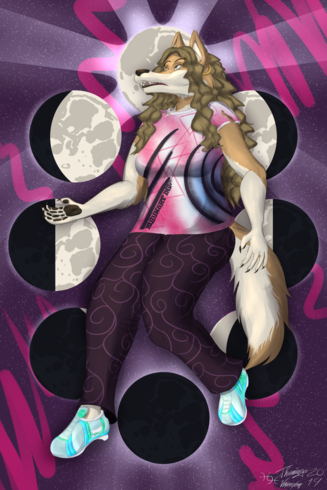 A dark blonde werewolf woman, in a slightly torn up pink, white and blue shirt, dark purple pants with a swirl pattern and a very Y2K pair of silver, blue and teal shoes. In the background is a starfield, some decorative fuchsia strokes and a depiction of the phases of the moon.