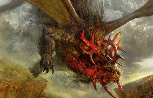the art for the mtg card Herdchaser Dragon, depicting a brown and red dragon with vivid red antlers flying over some cliffs