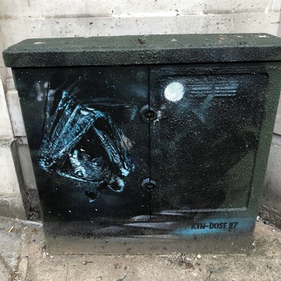 Graffiti of a bat on a telephone switch box. 