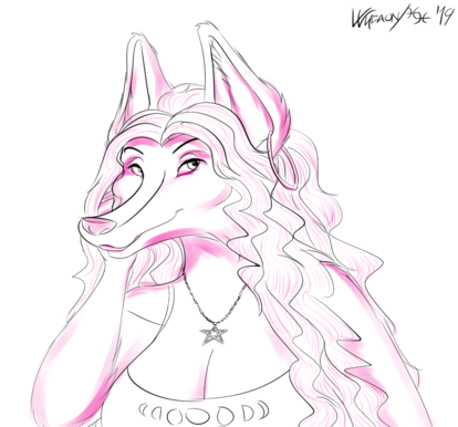Portrait of a werewolf lady in slightly gothy attire and long, wavy/curly hair resting her head against her fist, looking slightly away from the viewer with a slight smile.