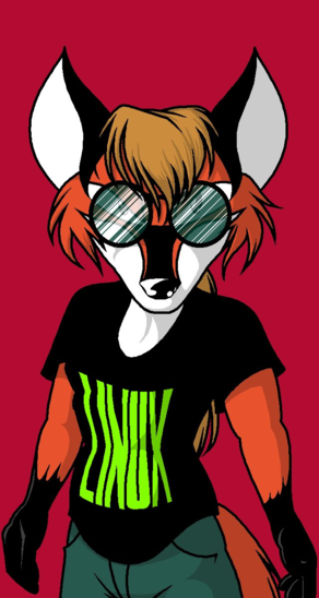 a buff fox girl looking straight at the viewer through large round glasses wearing a black shirt with "Linux" in light green on the front
