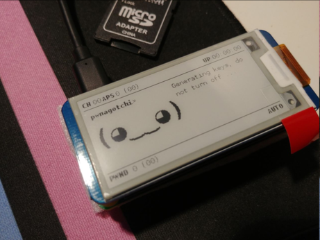 a pwnagotchi (a Pi Zero with an e-ink display that shows a unicode face and the text "Generating keys, do not turn off…")