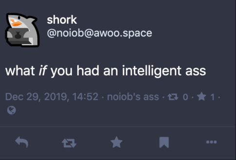 shork @noiob@awoo.space: what if you had an intelligent ass

posted from: noiob's ass