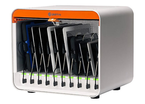 an ipad charging station containing multiple ipads side by side, it kinda looks like an oven I guess
