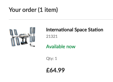 Part of a purchase receipt for a LEGO International Space Station.