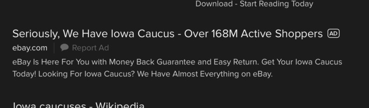 A search result ad for Iowa caucuses on eBay. 