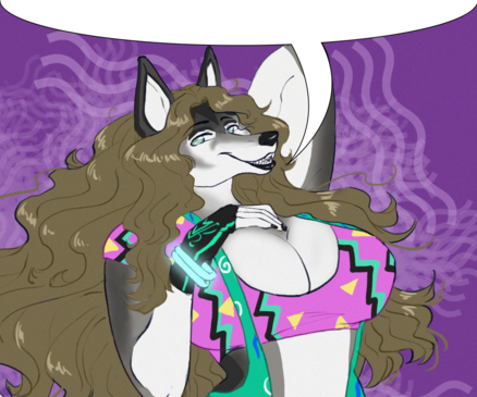 Kaz (inflatable gray wolf girl) in a very '90s outfit on a purple background, with a speech bubble leading to her face. Original art by Mya/@PetitePygmy@twitter.com.