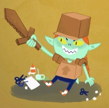 the Paper Knight enemy from Dicey Dungeons. A goblin with long, braided red hair and a sword and armour made from cardboard. Beside her are scissors, paper, tape and glue. She is holding her sword in the air and grinning fiercely.