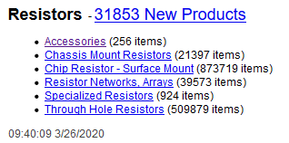 the "resistors" section of digikey's online catalog, with its first sub-section being "accessories (256 items)" followed by much more populous categories with tens or hundreds of thousands of items. the accessories link is purple, indicating it's been clicked.