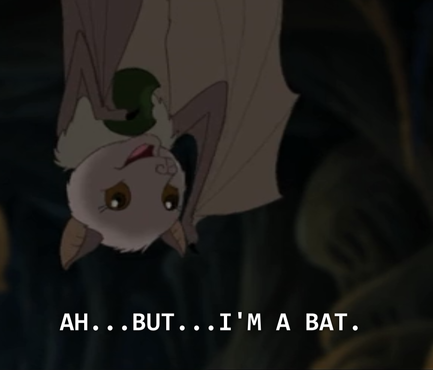 a cartoon bat, upside down holding a half-eaten fruit, holding up one wing

subtitle "ah...but...I'm a bat."