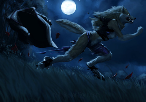 A tan and white werewolf woman in shredded clothes (jeans and a crop top, with a leather jacket right behind her) running through a clearing in the woods under the full moon, her tongue hanging outside her muzzle, her expression utterly delighted by this turn of events.

Art by @TeknicolorTiger@twitter.com.