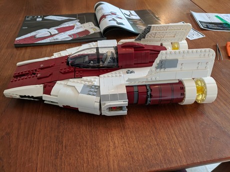Our A-Wing now has cockpit, the last of the fuselage, and top fins!