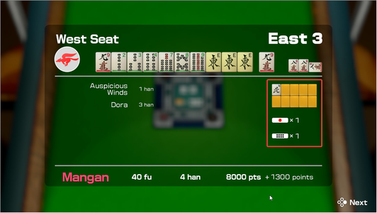 A screenshot of the Riichi Mahjong game in Clubhouse Games: 51 Worldwide Classics. A section to the right, containing one face-up and nine face-down mahjong tiles, a bar with a single red dot that I apparently have one of, and a bar with eight black dots that I also apparently have one of.
-R