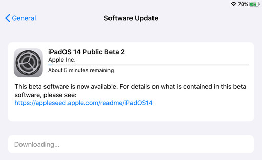 Screenshot showing the iPadOS 14 public beta currently downloading. 