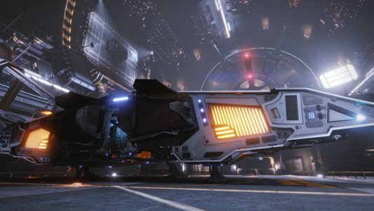 Elite: Dangerous screenshot showing a Cobra Mk III spacecraft from the back in the hangar of a spaceport.