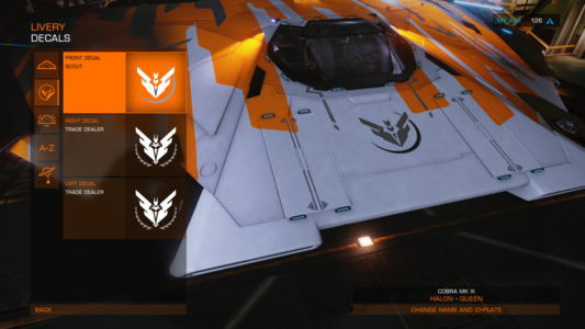 Elite: Dangerous screenshot showing the Scout decal on the front of the ship 
