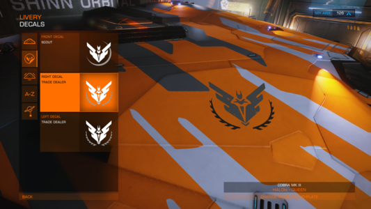 Elite: Dangerous decal showing the Trade Dealer decal on the right of the ship.