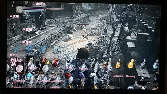 screenshot of an early-game area in dark souls 3. There's a wild assortment of icons covering the left and bottom of the screen, some of them with the text "Dummy" and others with the text "未使用" which google translate says means "unused" in Japanese. the words "TEST DATA" can also be seen half-obscured by the equipment icons.