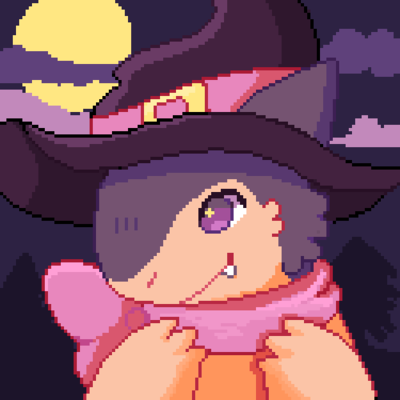 purple typh wearing a witch hat under the spooky moon! i upscaled this 4x from the original because it was originally for a site with smaller avatars than mastodon's