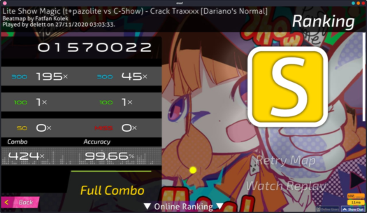 Osu screenshot displaying S rank on Crack Traxx with 1570022 points.