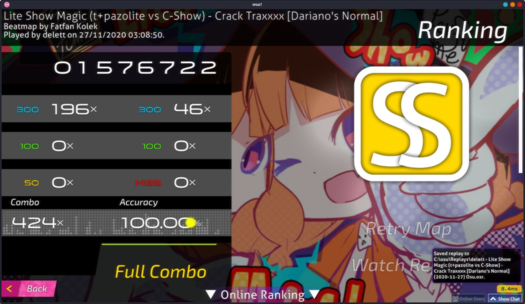Osu screenshot displaying SS rank on Crack Traxx with 1576722 points.
