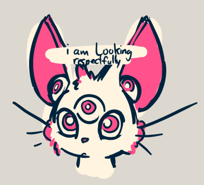 Drawing of a scruffy cat monster gazing at the camera in adoration with all five of their eyes