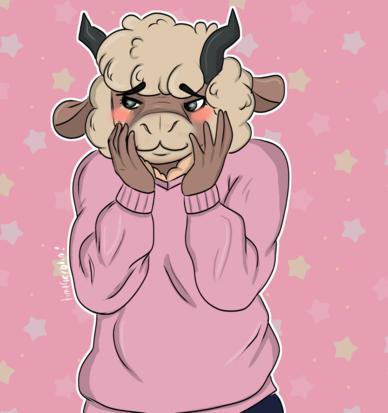 An anthro sheep in a pink sweater blushing