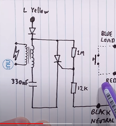 a hand-drawn schematic screen-grabbed from the aforementioned youtube video. There's... I don't even know what they're trying to do with that thyristor, what the hell is going on how do I even describe this