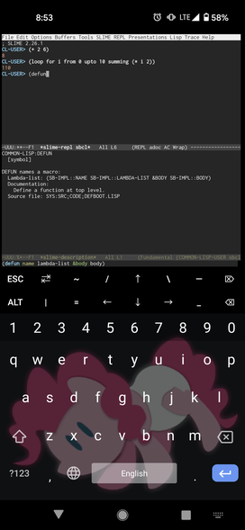 slime, an emacs common lisp environment running on a phone in termux, two lines of lisp code ("(+ 2 6)" and "(loop for i from 0 upto 10 summing (* i 2))") both running as expected with brief documentation shown below and a function signature under my cursor
