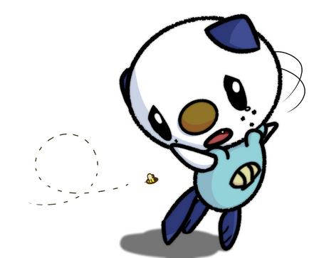 a worried oshawott leaning away from a bee, looking back over their shoulder with a tear in one eye and a worried expression